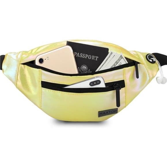 Large Crossbody Fanny Pack with 4-Zipper Pockets Gold Sports Festival Gym - Picture 1 of 6
